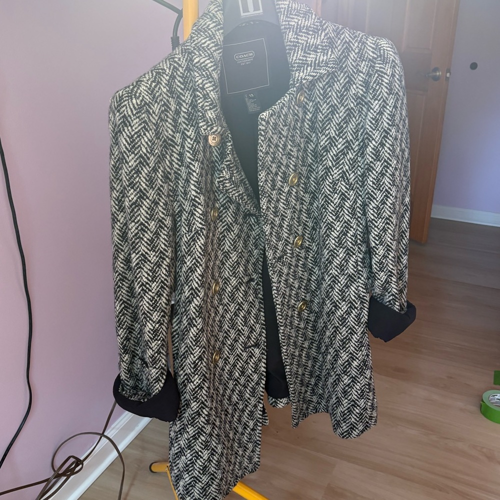 COACH Black and Cream Herringbone Coat